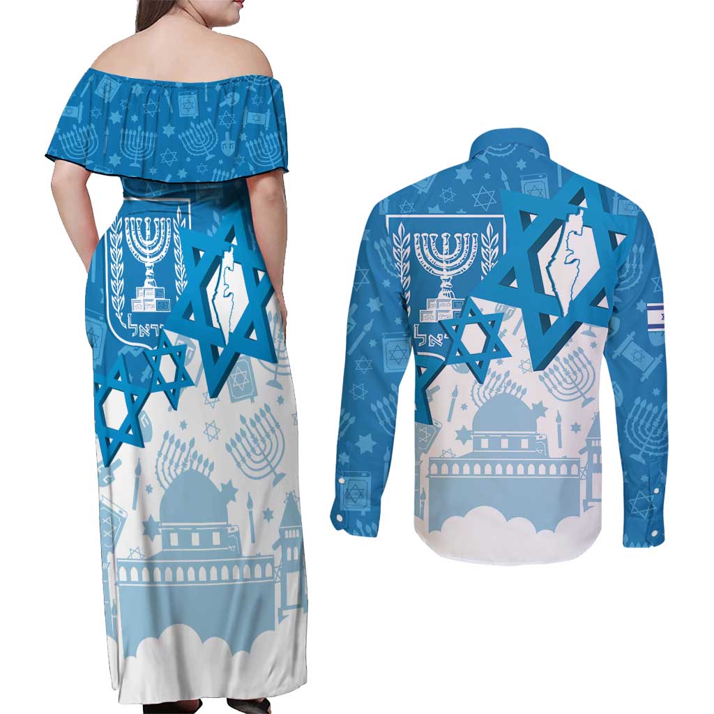 Israel Independence Day Couples Matching Off Shoulder Maxi Dress and Long Sleeve Button Shirt Yom Ha'atzmaut Star Of David Jewish Pattern