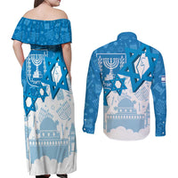 Israel Independence Day Couples Matching Off Shoulder Maxi Dress and Long Sleeve Button Shirt Yom Ha'atzmaut Star Of David Jewish Pattern