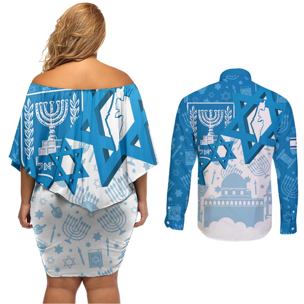 Israel Independence Day Couples Matching Off Shoulder Short Dress and Long Sleeve Button Shirt Yom Ha'atzmaut Star Of David Jewish Pattern