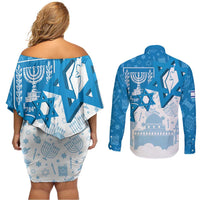 Israel Independence Day Couples Matching Off Shoulder Short Dress and Long Sleeve Button Shirt Yom Ha'atzmaut Star Of David Jewish Pattern