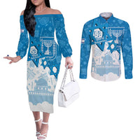 Israel Independence Day Couples Matching Off The Shoulder Long Sleeve Dress and Long Sleeve Button Shirt Yom Ha'atzmaut Star Of David Jewish Pattern