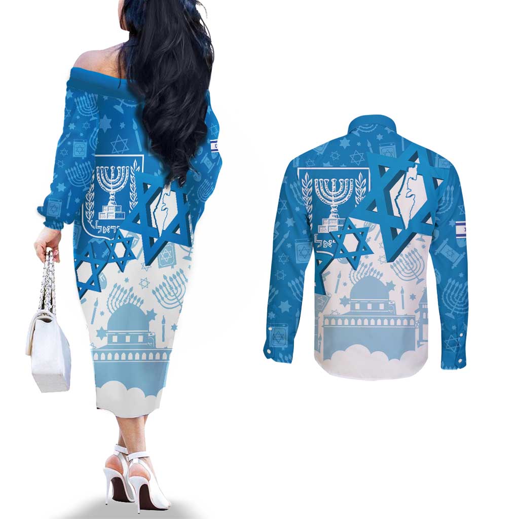 Israel Independence Day Couples Matching Off The Shoulder Long Sleeve Dress and Long Sleeve Button Shirt Yom Ha'atzmaut Star Of David Jewish Pattern