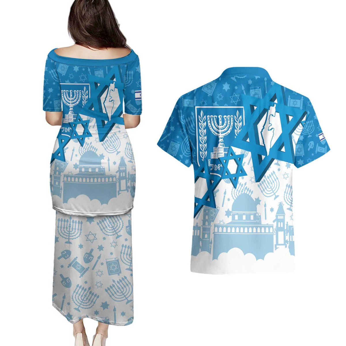 Israel Independence Day Couples Matching Puletasi and Hawaiian Shirt Yom Ha'atzmaut Star Of David Jewish Pattern