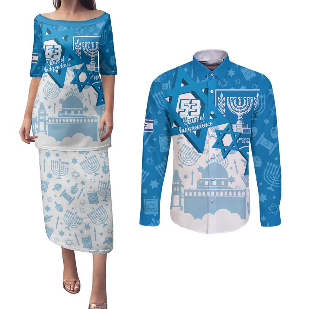 Israel Independence Day Couples Matching Puletasi and Long Sleeve Button Shirt Yom Ha'atzmaut Star Of David Jewish Pattern
