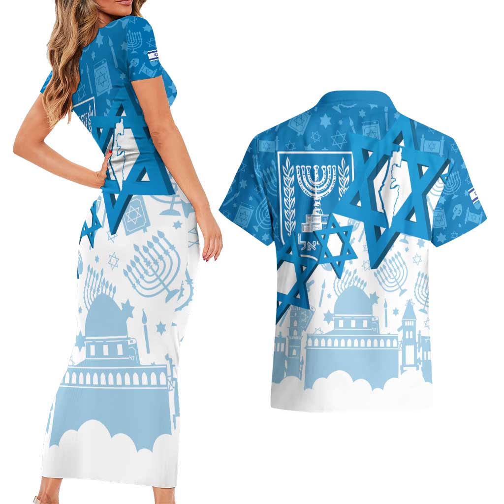 Israel Independence Day Couples Matching Short Sleeve Bodycon Dress and Hawaiian Shirt Yom Ha'atzmaut Star Of David Jewish Pattern