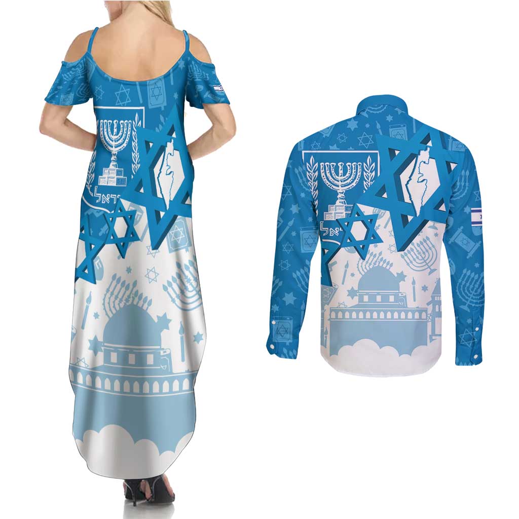 Israel Independence Day Couples Matching Summer Maxi Dress and Long Sleeve Button Shirt Yom Ha'atzmaut Star Of David Jewish Pattern