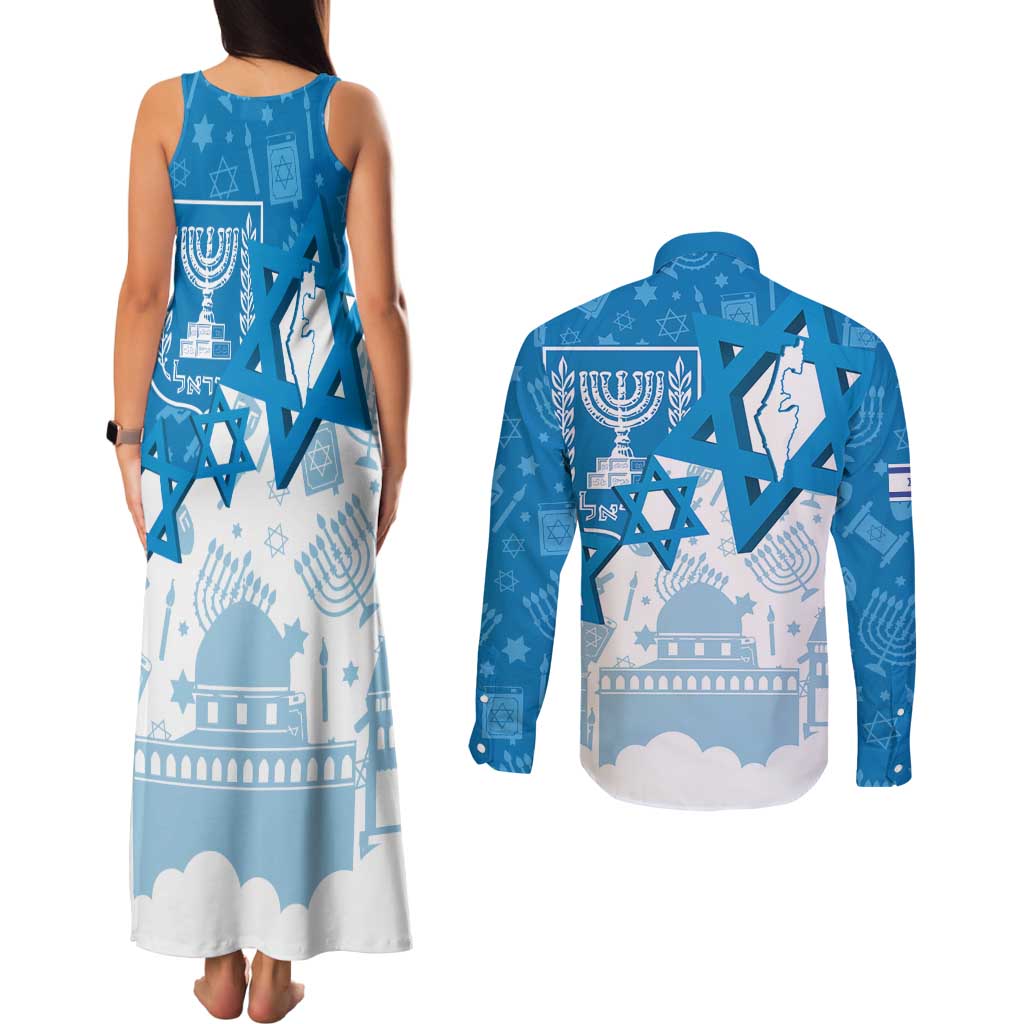 Israel Independence Day Couples Matching Tank Maxi Dress and Long Sleeve Button Shirt Yom Ha'atzmaut Star Of David Jewish Pattern