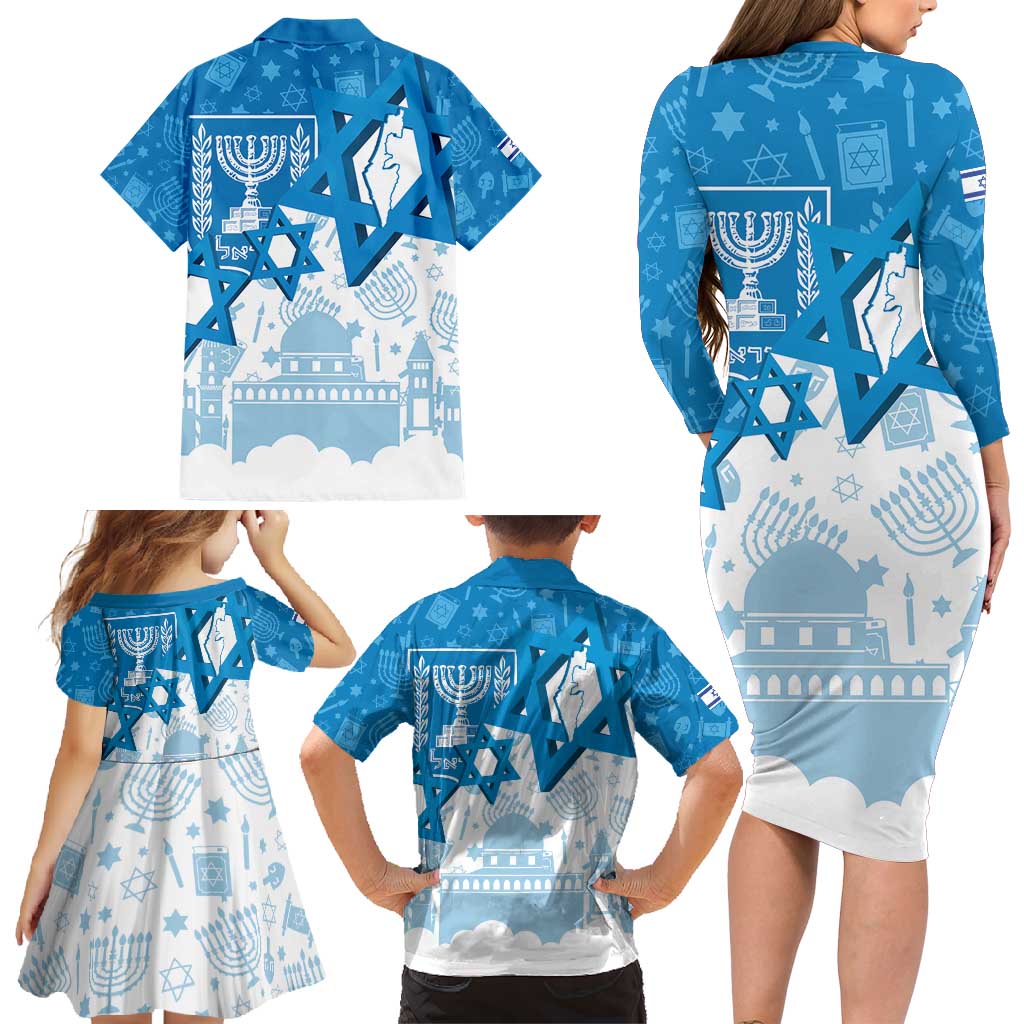 Israel Independence Day Family Matching Long Sleeve Bodycon Dress and Hawaiian Shirt Yom Ha'atzmaut Star Of David Jewish Pattern