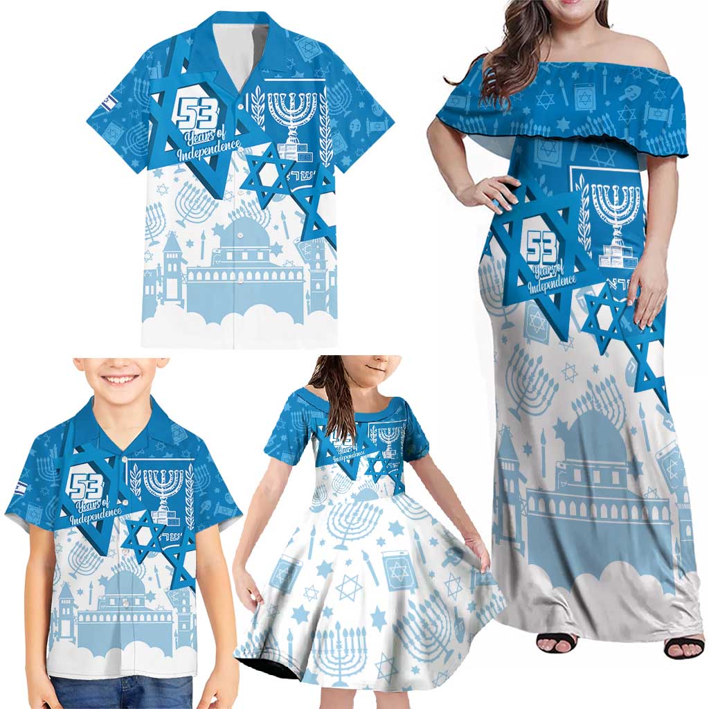 Israel Independence Day Family Matching Off Shoulder Maxi Dress and Hawaiian Shirt Yom Ha'atzmaut Star Of David Jewish Pattern