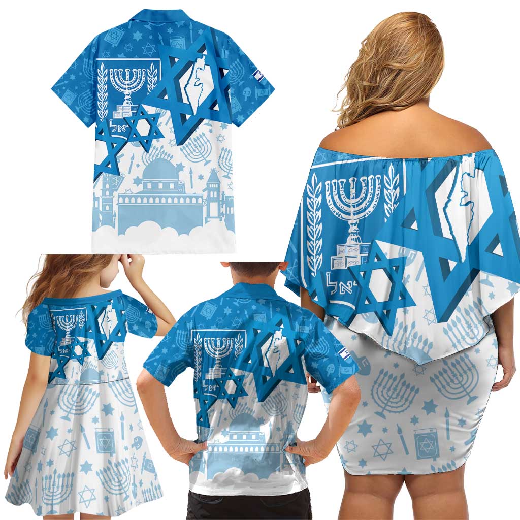 Israel Independence Day Family Matching Off Shoulder Short Dress and Hawaiian Shirt Yom Ha'atzmaut Star Of David Jewish Pattern