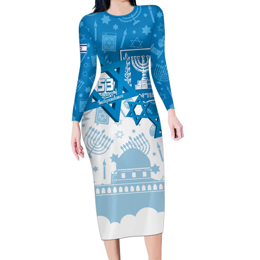 Israel Independence Day Long Sleeve Bodycon Dress Yom Ha'atzmaut Star Of David Jewish Pattern
