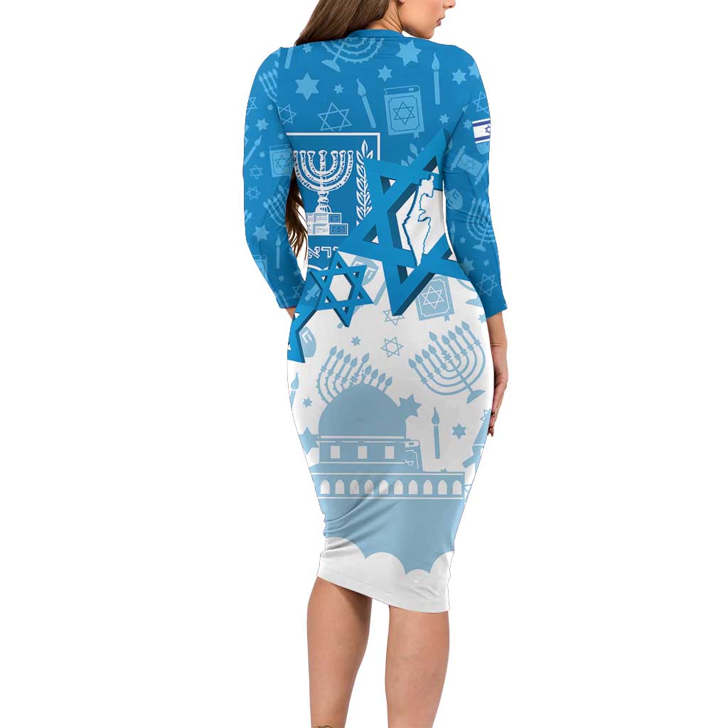 Israel Independence Day Long Sleeve Bodycon Dress Yom Ha'atzmaut Star Of David Jewish Pattern