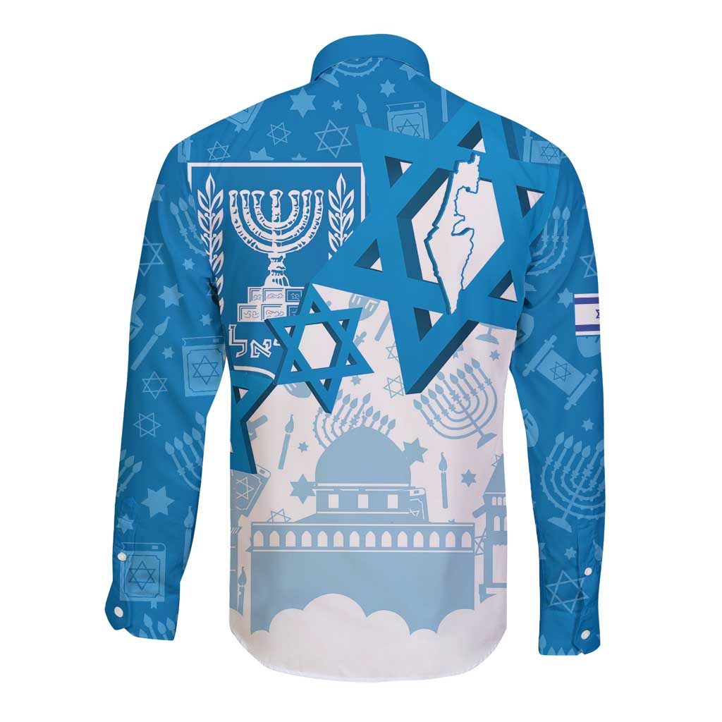 Israel Independence Day Long Sleeve Button Shirt Yom Ha'atzmaut Star Of David Jewish Pattern