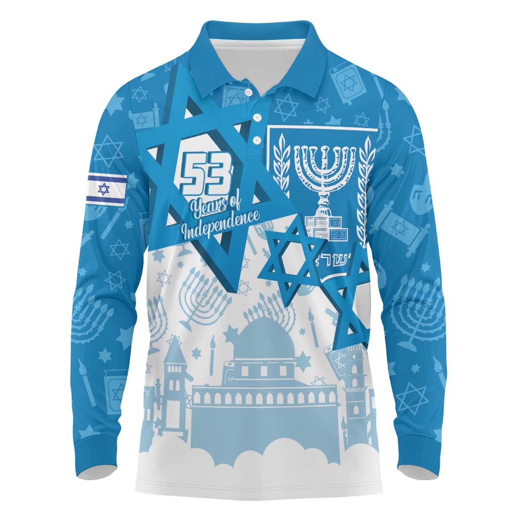 Israel Independence Day Long Sleeve Polo Shirt Yom Ha'atzmaut Star Of David Jewish Pattern