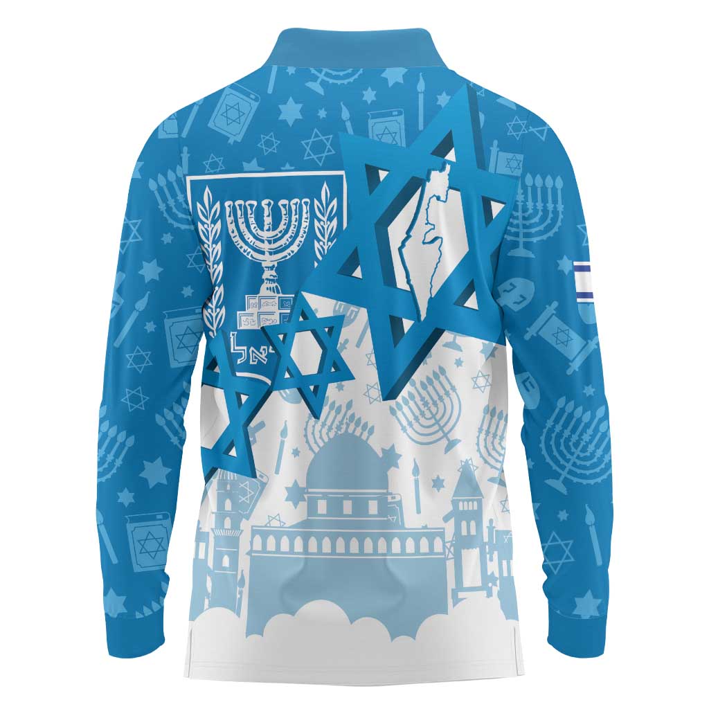 Israel Independence Day Long Sleeve Polo Shirt Yom Ha'atzmaut Star Of David Jewish Pattern