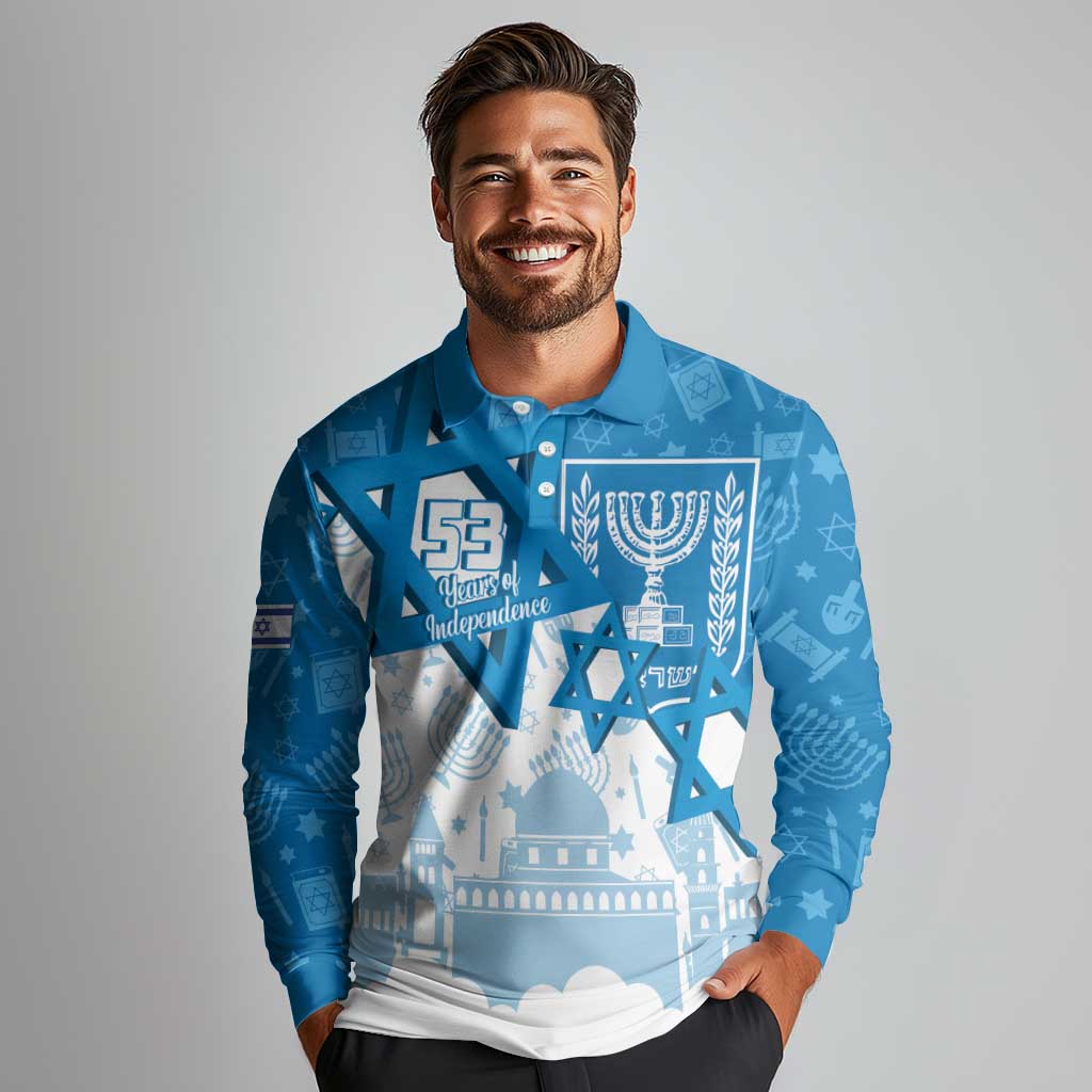 Israel Independence Day Long Sleeve Polo Shirt Yom Ha'atzmaut Star Of David Jewish Pattern