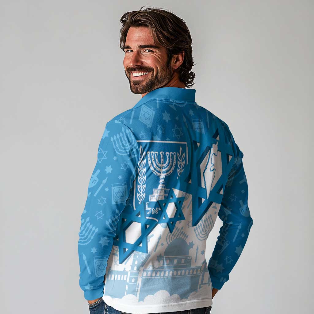 Israel Independence Day Long Sleeve Polo Shirt Yom Ha'atzmaut Star Of David Jewish Pattern