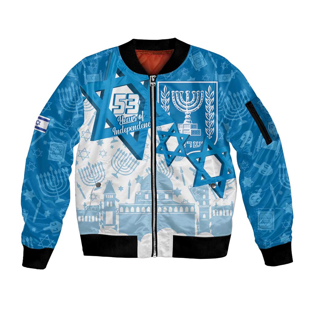 Israel Independence Day Sleeve Zip Bomber Jacket Yom Ha'atzmaut Star Of David Jewish Pattern