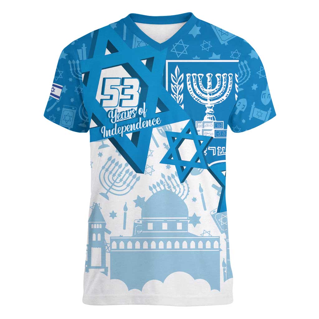 Israel Independence Day Women V-Neck T-Shirt Yom Ha'atzmaut Star Of David Jewish Pattern