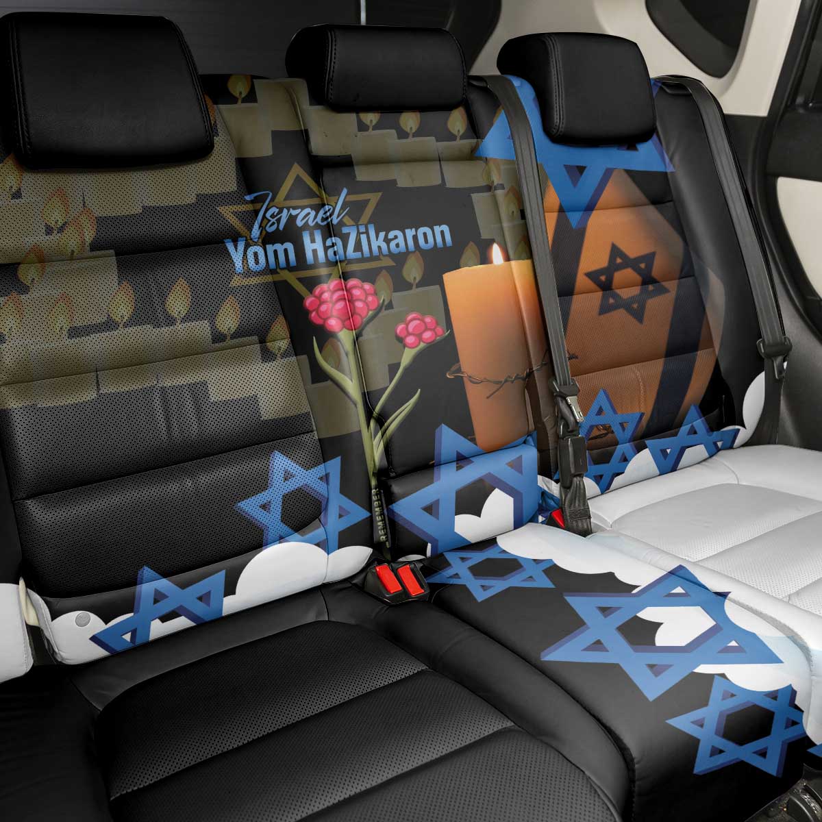 Israel Memorial Day Back Car Seat Cover Red Everlasting Flower With Candle Light