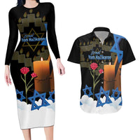 Israel Memorial Day Couples Matching Long Sleeve Bodycon Dress and Hawaiian Shirt Red Everlasting Flower With Candle Light