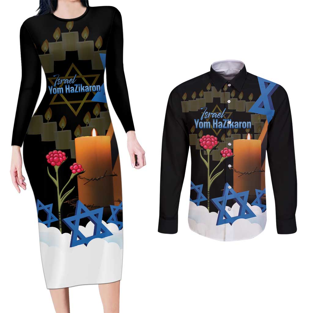 Israel Memorial Day Couples Matching Long Sleeve Bodycon Dress and Long Sleeve Button Shirt Red Everlasting Flower With Candle Light