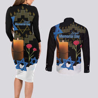 Israel Memorial Day Couples Matching Long Sleeve Bodycon Dress and Long Sleeve Button Shirt Red Everlasting Flower With Candle Light