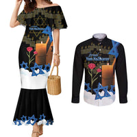 Israel Memorial Day Couples Matching Mermaid Dress and Long Sleeve Button Shirt Red Everlasting Flower With Candle Light