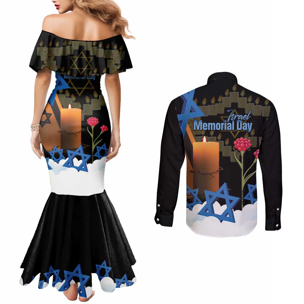 Israel Memorial Day Couples Matching Mermaid Dress and Long Sleeve Button Shirt Red Everlasting Flower With Candle Light