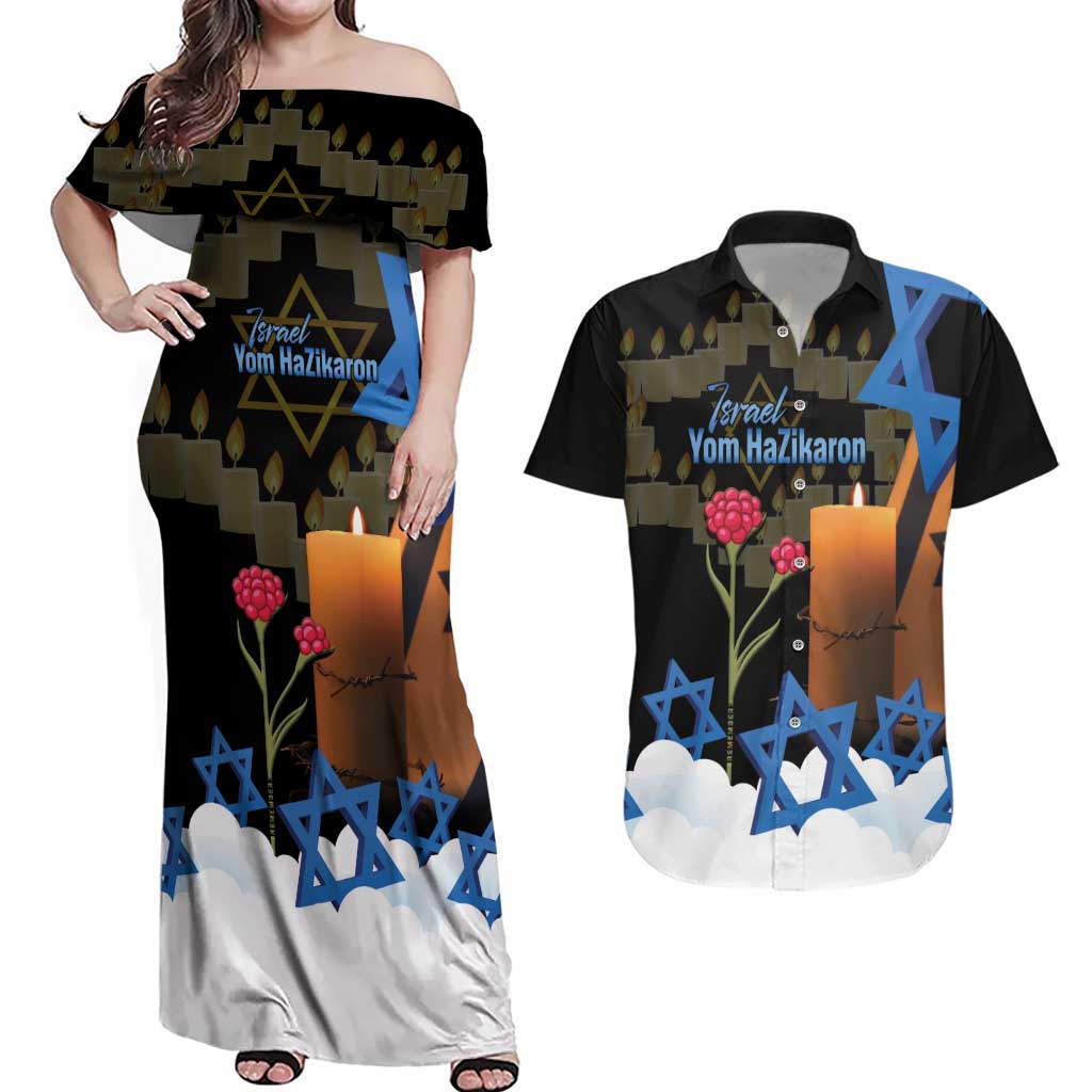 Israel Memorial Day Couples Matching Off Shoulder Maxi Dress and Hawaiian Shirt Red Everlasting Flower With Candle Light
