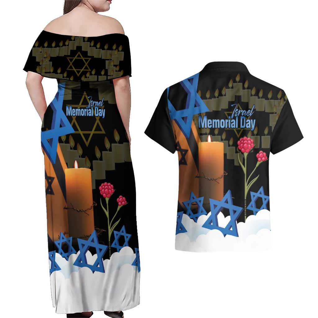 Israel Memorial Day Couples Matching Off Shoulder Maxi Dress and Hawaiian Shirt Red Everlasting Flower With Candle Light