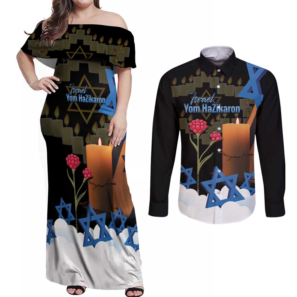 Israel Memorial Day Couples Matching Off Shoulder Maxi Dress and Long Sleeve Button Shirt Red Everlasting Flower With Candle Light