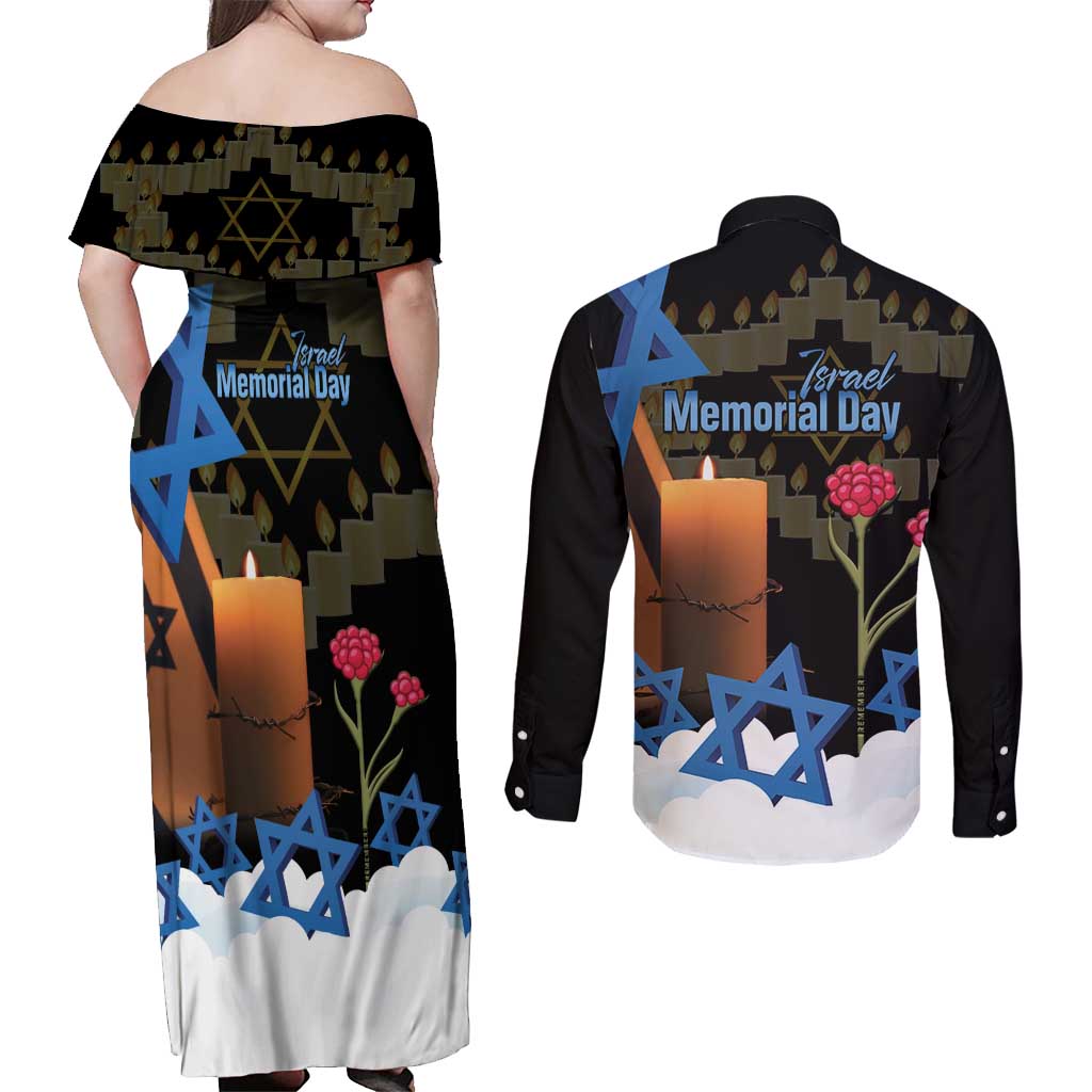 Israel Memorial Day Couples Matching Off Shoulder Maxi Dress and Long Sleeve Button Shirt Red Everlasting Flower With Candle Light