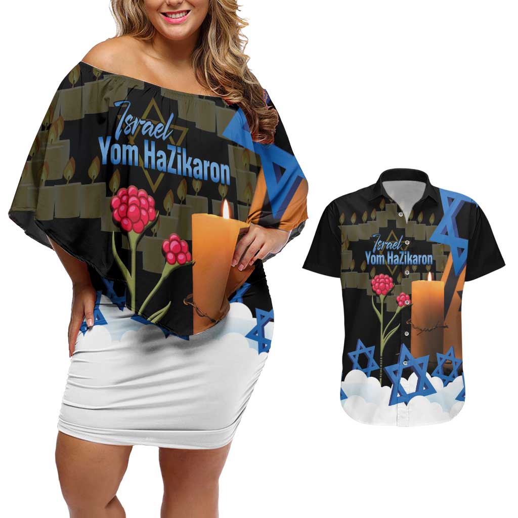Israel Memorial Day Couples Matching Off Shoulder Short Dress and Hawaiian Shirt Red Everlasting Flower With Candle Light