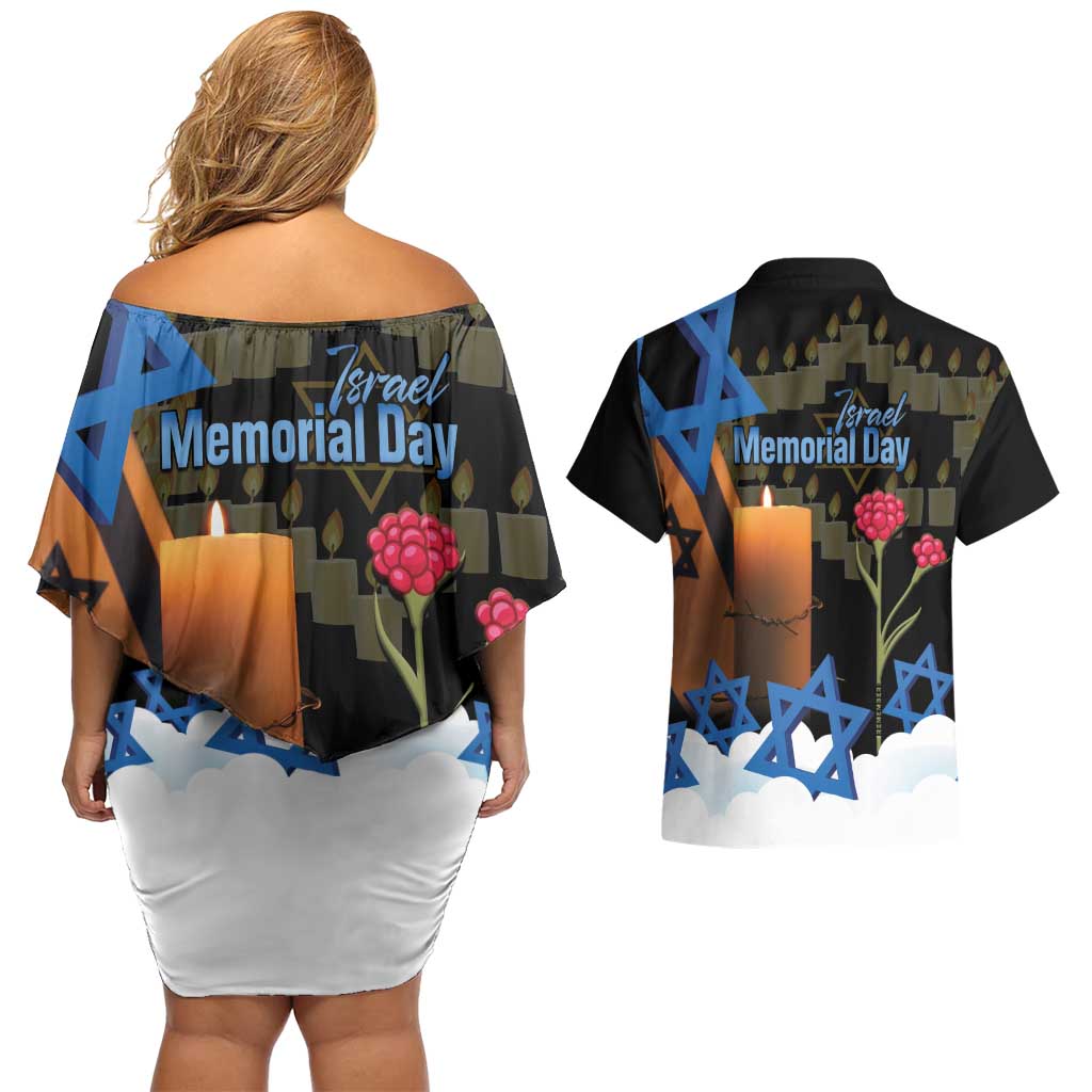 Israel Memorial Day Couples Matching Off Shoulder Short Dress and Hawaiian Shirt Red Everlasting Flower With Candle Light