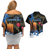Israel Memorial Day Couples Matching Off Shoulder Short Dress and Hawaiian Shirt Red Everlasting Flower With Candle Light