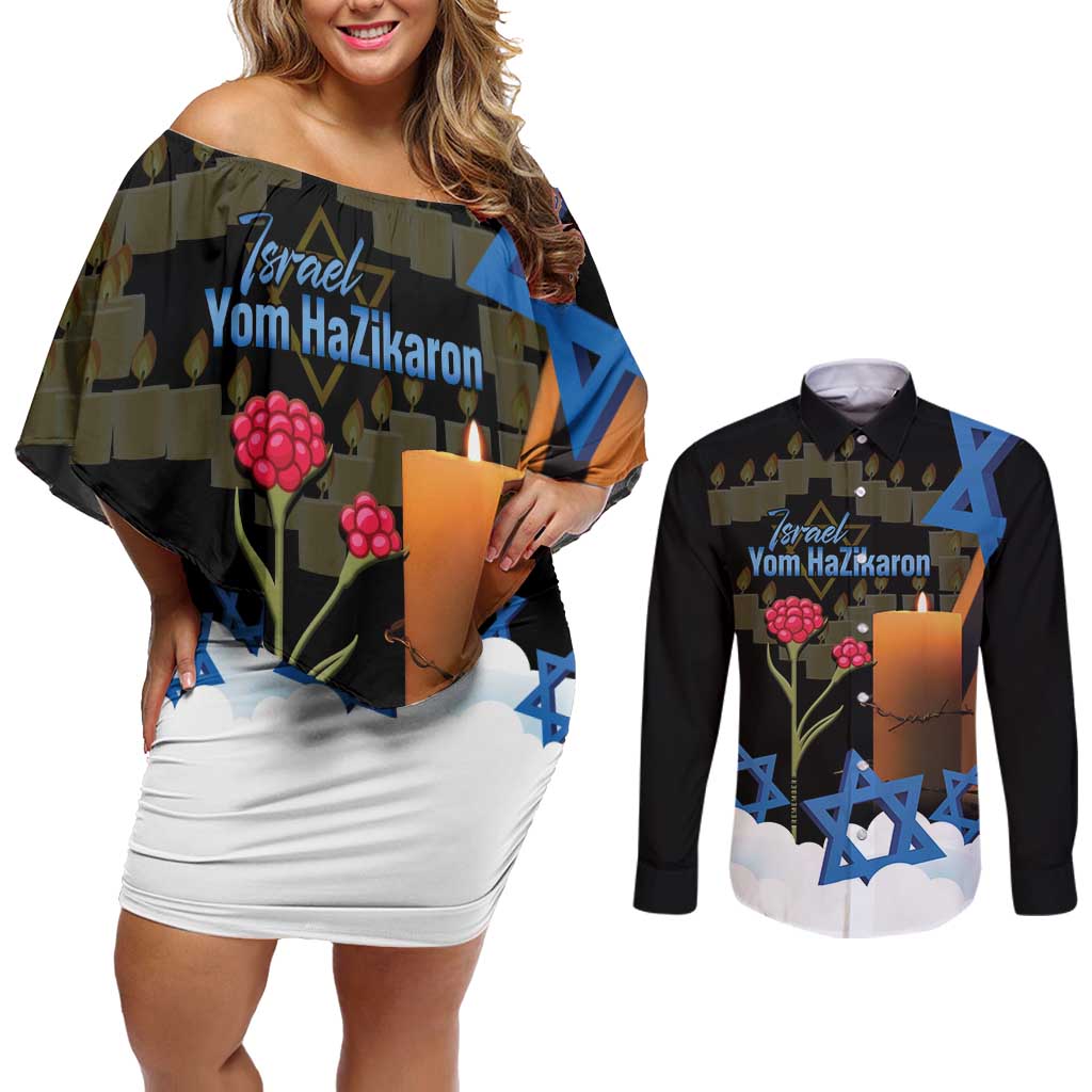 Israel Memorial Day Couples Matching Off Shoulder Short Dress and Long Sleeve Button Shirt Red Everlasting Flower With Candle Light