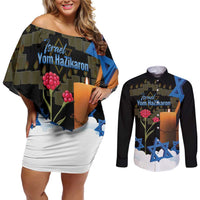 Israel Memorial Day Couples Matching Off Shoulder Short Dress and Long Sleeve Button Shirt Red Everlasting Flower With Candle Light
