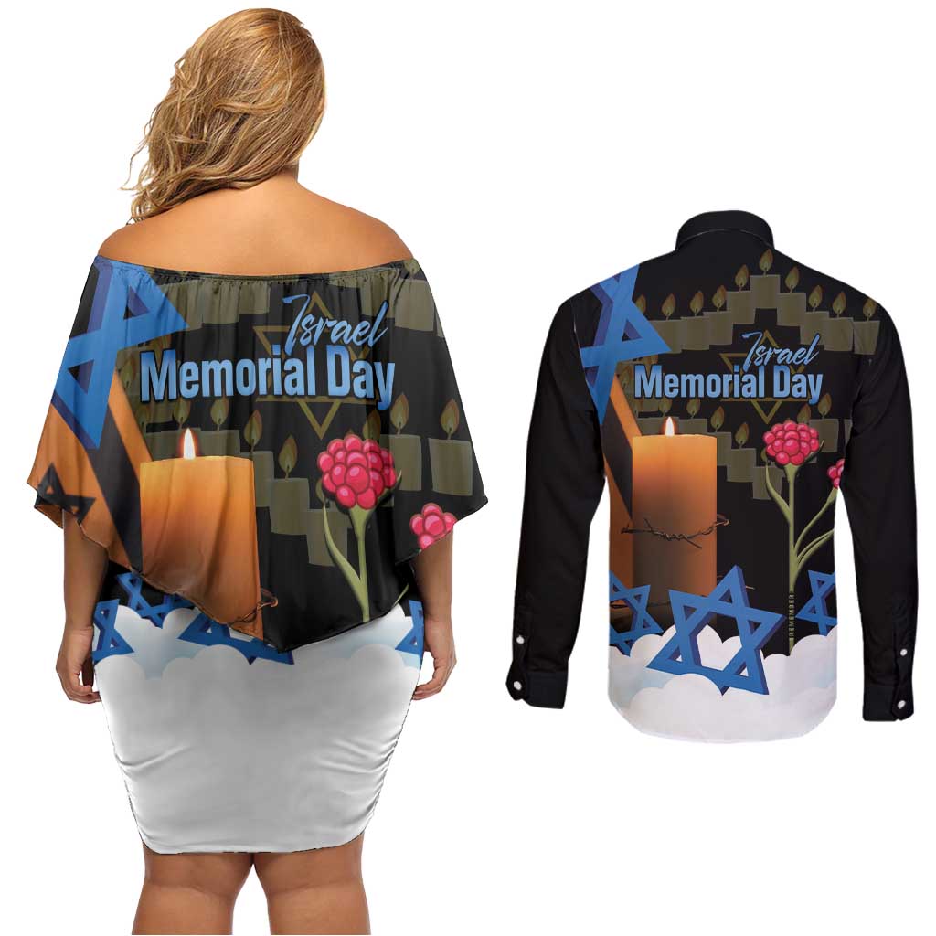 Israel Memorial Day Couples Matching Off Shoulder Short Dress and Long Sleeve Button Shirt Red Everlasting Flower With Candle Light