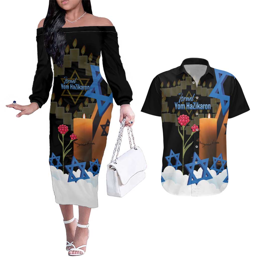 Israel Memorial Day Couples Matching Off The Shoulder Long Sleeve Dress and Hawaiian Shirt Red Everlasting Flower With Candle Light