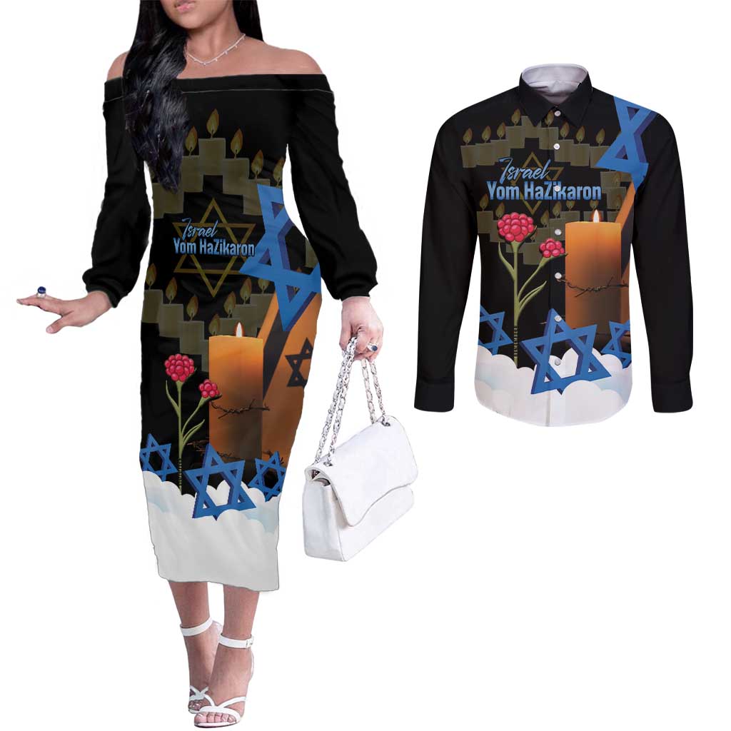 Israel Memorial Day Couples Matching Off The Shoulder Long Sleeve Dress and Long Sleeve Button Shirt Red Everlasting Flower With Candle Light