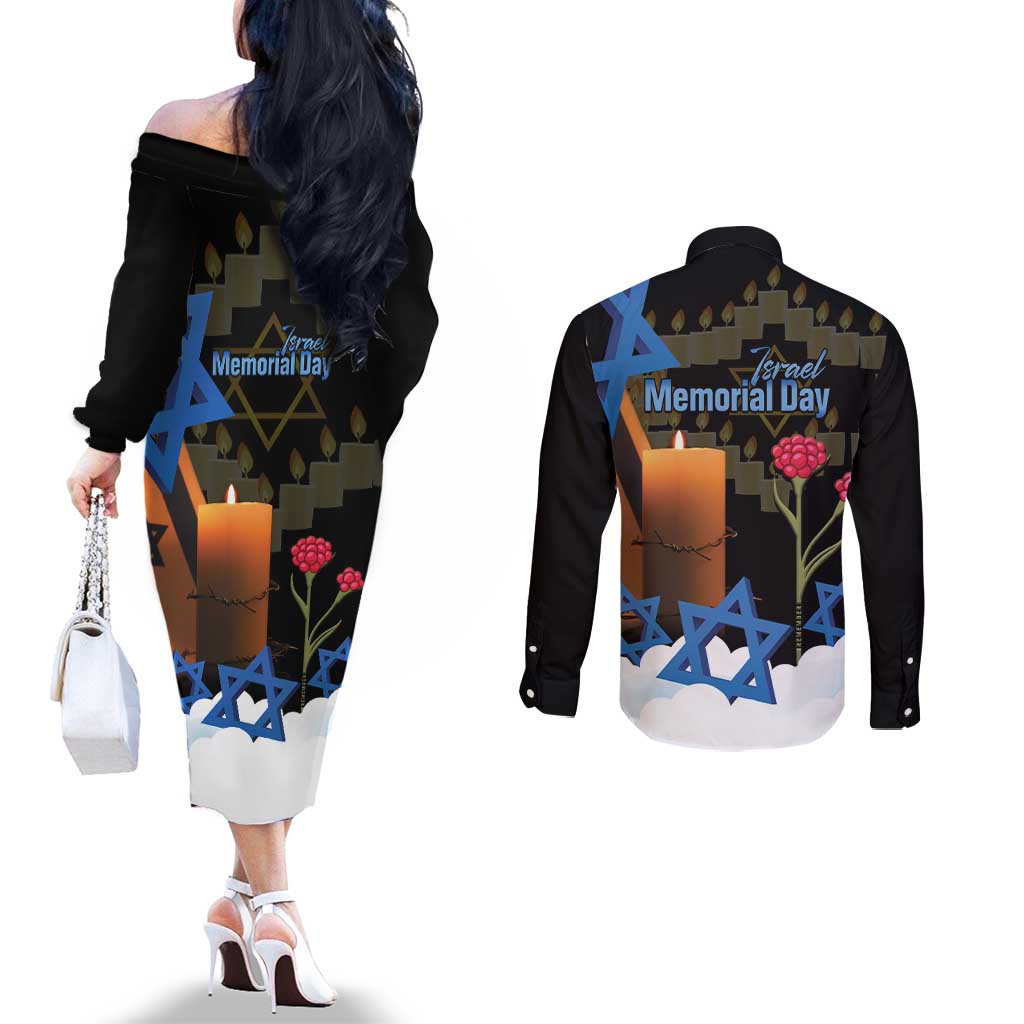 Israel Memorial Day Couples Matching Off The Shoulder Long Sleeve Dress and Long Sleeve Button Shirt Red Everlasting Flower With Candle Light
