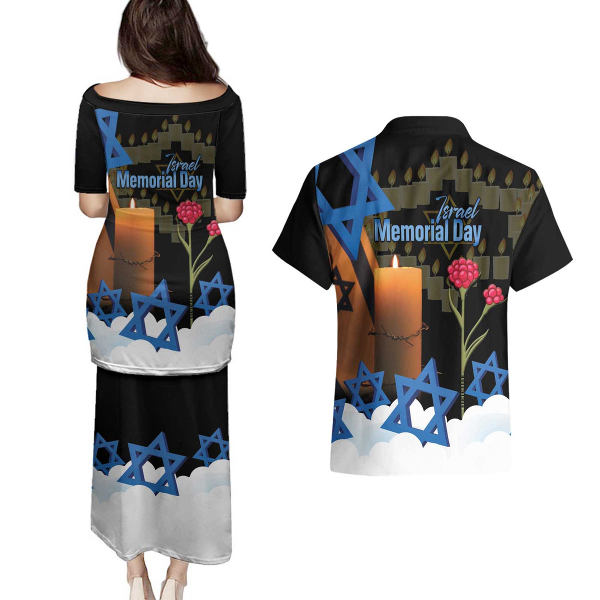 Israel Memorial Day Couples Matching Puletasi and Hawaiian Shirt Red Everlasting Flower With Candle Light