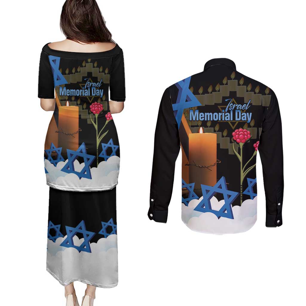 Israel Memorial Day Couples Matching Puletasi and Long Sleeve Button Shirt Red Everlasting Flower With Candle Light