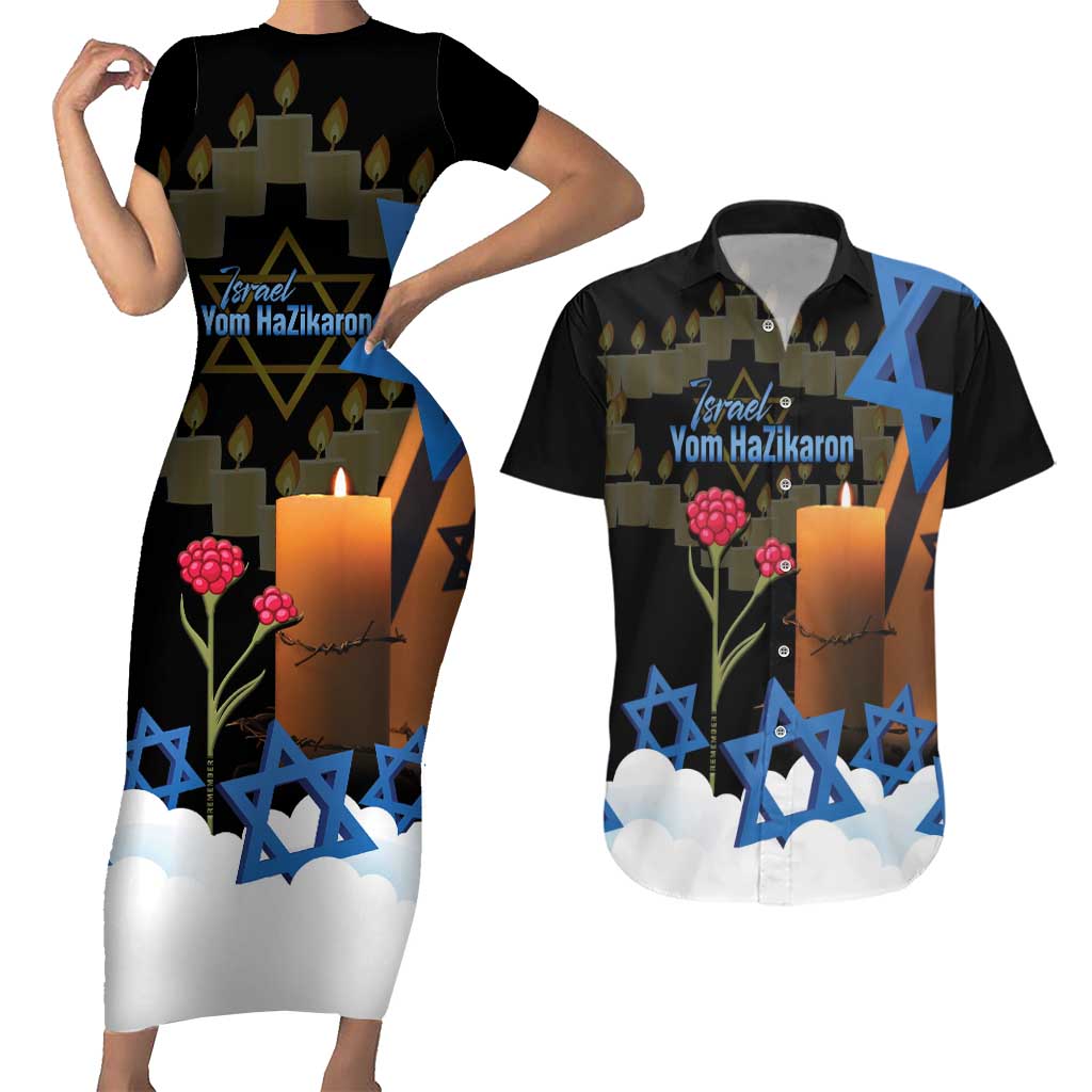 Israel Memorial Day Couples Matching Short Sleeve Bodycon Dress and Hawaiian Shirt Red Everlasting Flower With Candle Light