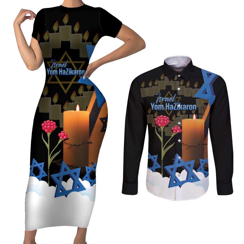 Israel Memorial Day Couples Matching Short Sleeve Bodycon Dress and Long Sleeve Button Shirt Red Everlasting Flower With Candle Light