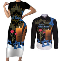 Israel Memorial Day Couples Matching Short Sleeve Bodycon Dress and Long Sleeve Button Shirt Red Everlasting Flower With Candle Light