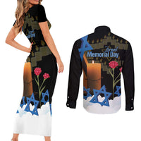Israel Memorial Day Couples Matching Short Sleeve Bodycon Dress and Long Sleeve Button Shirt Red Everlasting Flower With Candle Light