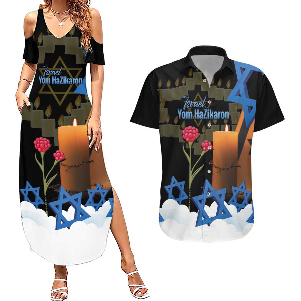 Israel Memorial Day Couples Matching Summer Maxi Dress and Hawaiian Shirt Red Everlasting Flower With Candle Light