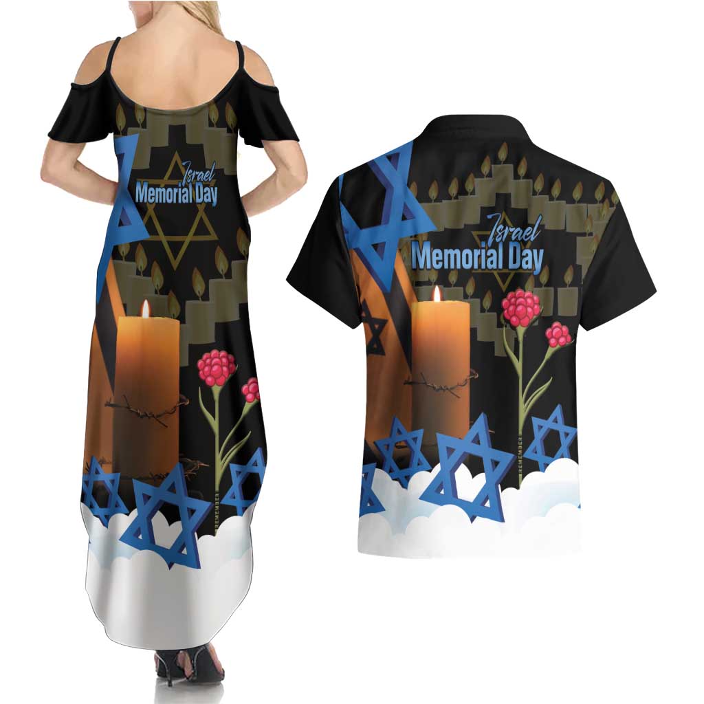 Israel Memorial Day Couples Matching Summer Maxi Dress and Hawaiian Shirt Red Everlasting Flower With Candle Light
